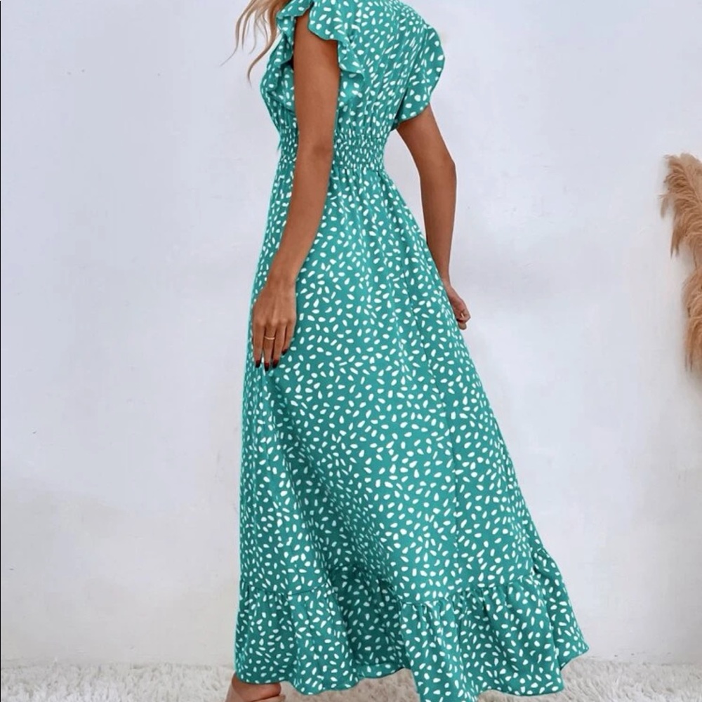 Dots ruffle trim shirred waist maxi dress mint blue - Picture 2 of 16